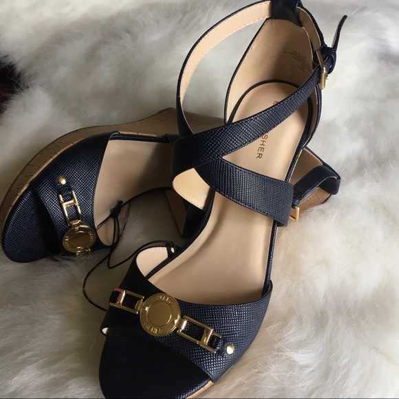 Marc Fisher | Shoes | Marc Fisher Navy Blue Gold Wedges | Poshmark